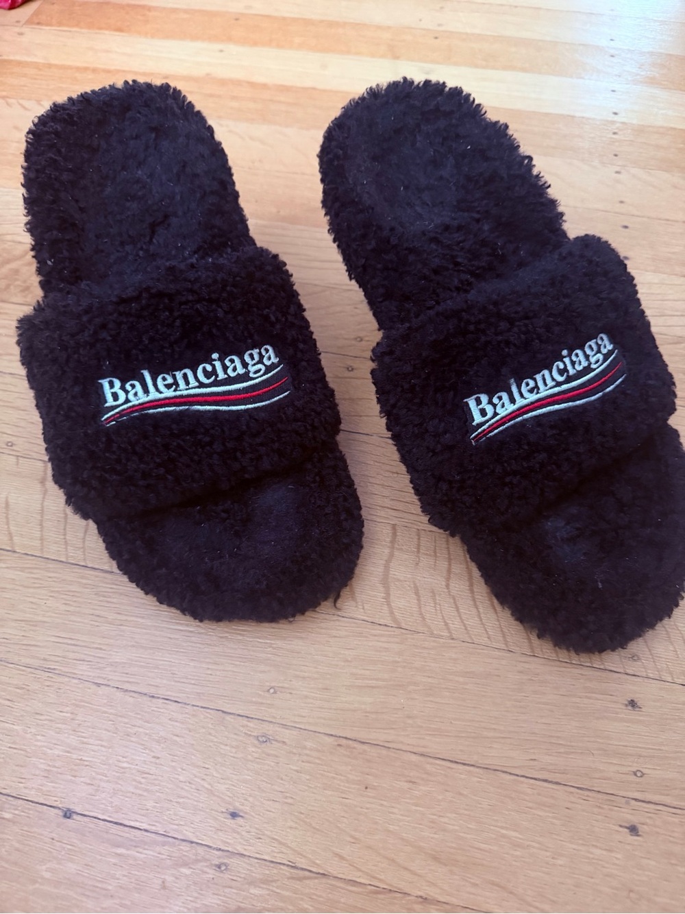 Balenciaga Black Furry Logo Mule Heels with Red & White Accents - Picture 3 of 4